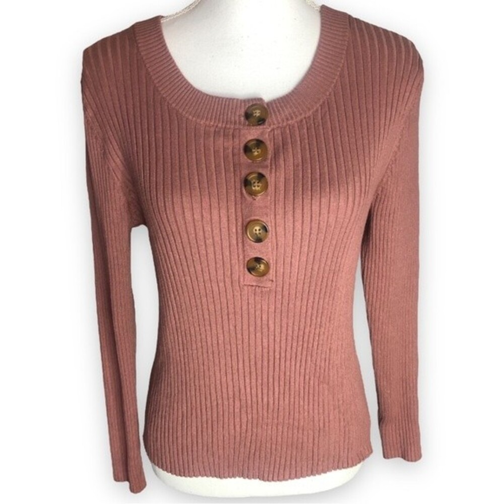 Arizona Jean Co. Ribbed Button Front Long Sleeve Pullover Top